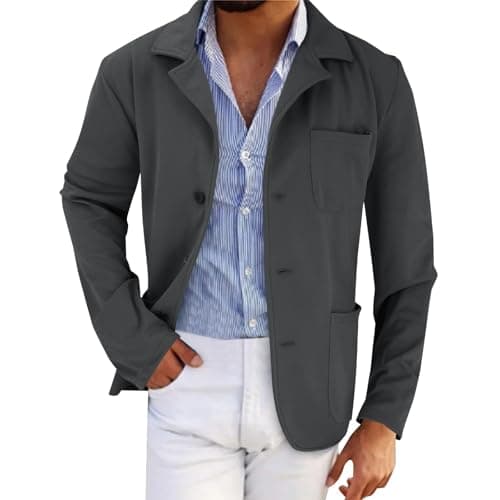 Image of Men's Casual Textured Shirt Jacket Long Sleeve Twill Button Down Overshirt Lightweight Wrinkle-Free British Style Blazer Shacket with Pockets Dark Gray