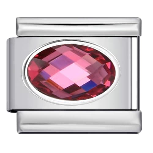 Image of Mon & Sons Pink Ruby July Smooth Oval Month Birth Year Birthday Stone Anniversary Birthstone Crystal Silver Italian 9mm Link Stainless Steel Bracelet Charm Compatible With 9mm Link