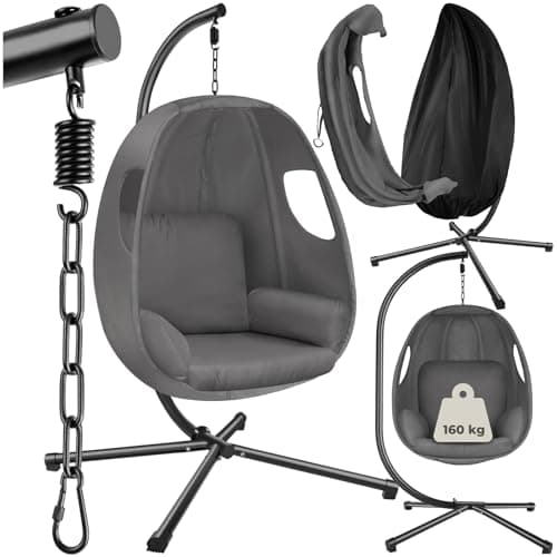 Image of tectake® Hanging Chair - Extra Thick Cushion, 360° Swivel, Steel-Framed Hammock with Four Legs, Non-Slip Feet & Protective Cover - Height-Adjustable Egg Chair for Indoor & Outdoor Use - Anthracite