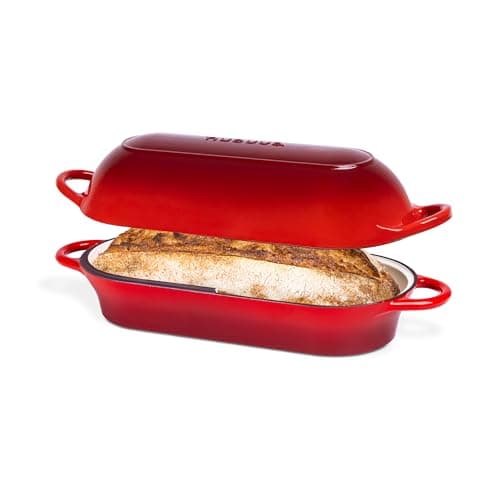 Image of Enamelled Cast Iron Bread Loaf Pot – Dutch Oven for Sourdough Bread Baking – Oven Safe Non Stick Bread Pot – Rectangular, Red, 32cm x 16cm – by Nuovva