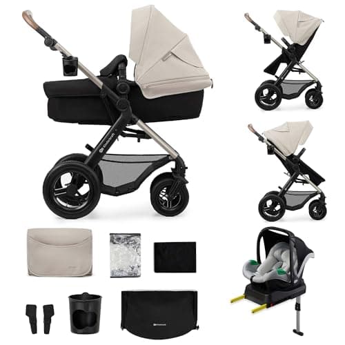Image of Kinderkraft MOOV 2 AIR 4 in 1 Set, Pram with Infant Car Seat with Isofix Base Mink PRO I-Size, Travel System, Baby Pushchair, Buggy, Foldable, from Birth to 22 kg, Inflatable Wheels, Gray