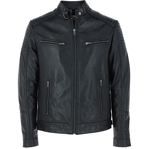 Image of Diffusion Men's Biker Leather Jacket - Zipped Motorcycle Style Coat - BLACK (XXL)