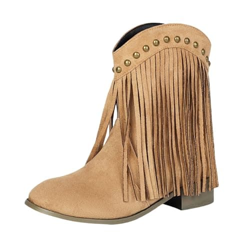 Image of Momolaa UK 7 Fringe Ankle Cowboy Boots for Women Short Cowgirl Booties Western Fringed Tassel Ankle Boots Suede Chunky Block Heel Pull on Dress Booties Chunky Heel Fall Winter Shoes Beige Footwear