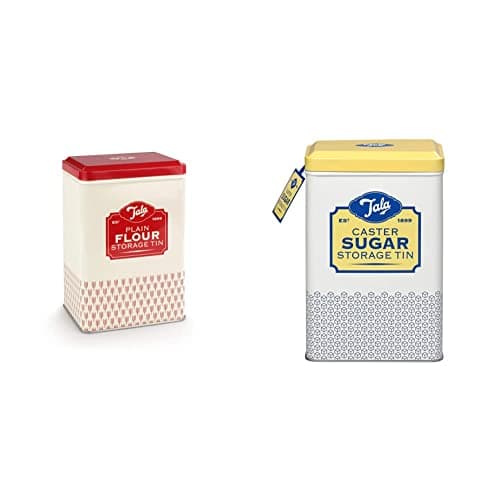 Image of Tala Originals Plain Flour Storage Tin & Originals Caster Sugar Storage Tin, Metal, Yellow and Cream Nostalgic Design, Holds a Full Bag