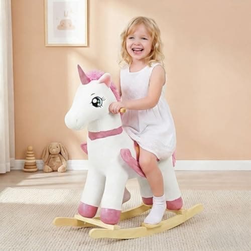 Image of FUNLIO Unicorn Baby Rocking Horse, Rainbow Fairy Unicorn Rocking Horse for Kids 3-6 Years, Stuffed Ride-on Animal Rocker, Easy to Assemble, 73x34.7x79cm