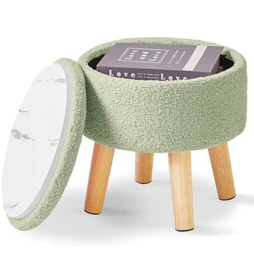 Image of IBUYKE 13 Inch Small Footstool Ottoman with Storage, Round Pouffe Foot Rest with Padded Seat and Wood Legs, Teddy Velvet Mini Footstool for Living Room Couch Bedroom Entryway, Green WBD006GR