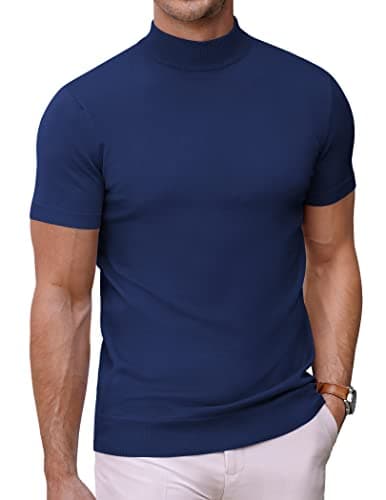 Image of COOFANDY Men's Mock Turtleneck T Shirts Short Sleeve Knitted High Neck Tee for Men Plain Bussiness Tops Navy Blue XXL