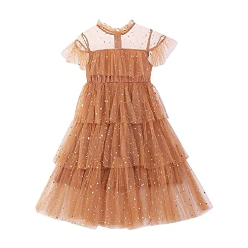 Image of Flower Girl Dresses Girls Party Dresses Toddler Girls Fly Sleeve Star Moon Paillette Princess Dress Dance Party Clothes Fancy Baby Girl Size 12 Swing Princess Dress Brown