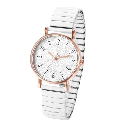 Image of JewelryWe White Watches for Women: Ladies Simple Stretch Band Easy Reader Analog Quartz Elastic Expandable Strap Wristwatch Gift