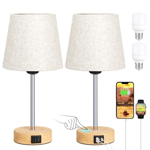 Image of Aooshine 3 Way Dimmable Touch Bedside Lamps Set of 2, Minimalist Table Lamps for Bedroom, Metal Wood Grain Base, Beige Linen Shade(Bulbs Included)