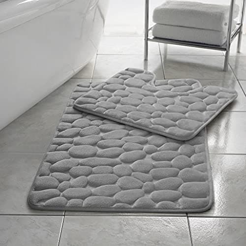 Image of Comfort Collections Memory Foam Pebble Memory Foam Pebble Bath Mat Set Pedestal Bathroom Rug 2 Piece Soft Absorbent Non Slip Silver Bath Mat (50CM X 80 CM) & Pedestal Mat (50CM X 40 CM) Approximate