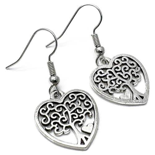 Image of Tree of Life Heart Charm Earrings, Spiritual Heart Shaped Symbol Tibetan Silver Charms on Nickel Free Silver Tone Hooks : 35mm long, Pagan Wiccan Drop Earrings for Women