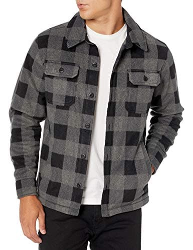 Image of Amazon Essentials Men's Long-Sleeve Polar Fleece Shirt Jacket for Winter, Black Charcoal Buffalo Plaid, S
