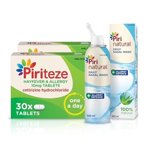 Image of Piriteze Allergy Relief Antihistamine Tablets (60) & Pirinatural Breathe Clean 1x100ml Bundle - Hayfever Tablets with Cetirizine - Hayfever Nasal Spray - Allergy Tablet & Sinus Relief