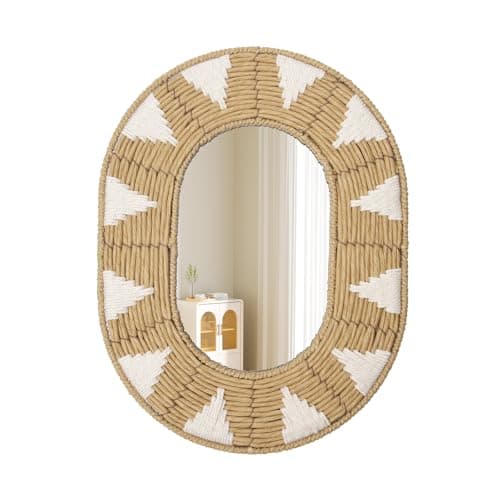 Image of Oairse Rattan Wall Mirrors Oval Wall Mirror Rustic Wooden Mirror Handwoven Boho Mirrors for Wall Hanging Decor for Home Bathroom Living Room Entrance Bedroom, 42cm x 32cm
