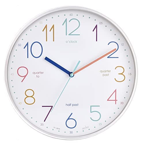Image of Acctim Afia Teaching Kids Wall Clock Non Ticking Sweep Quartz Quarterly Markers White 30cm
