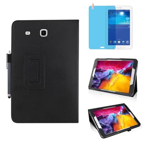 Image of Slim Leather Case for Samsung Galaxy Tab 3 Lite 7.0 Inch 2014 (SM-T110 T111 T113 T116), Multi-Angle Stand Full-Protective Tablet Cover Book Case with Stylus Pen,Screen Film (Black)