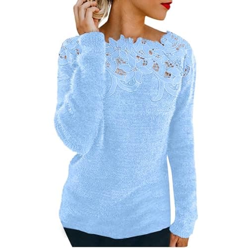Image of HUIFUAO Lace Cashmere Jumpers Ladies Plus Size Velvet Sweaters for Women UK Long Sleeve Elegant Sexy Womens Sweatshirts and Pullover (Sky Blue, XL)