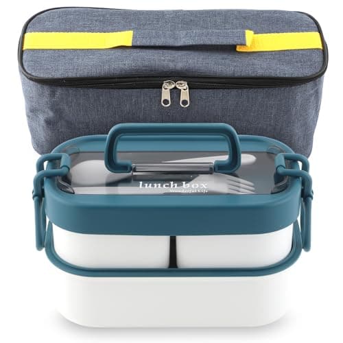 Image of OITUGG 2 Layer Lunch Box with 450ml Bottle and Bags, 1300ml Bento Lunch Box for Adults, 3 Compartments Design, with Handle and Forks Spoons, BPA-Free, Microwave-Safe, Size 18x10x11cm, Blue + White