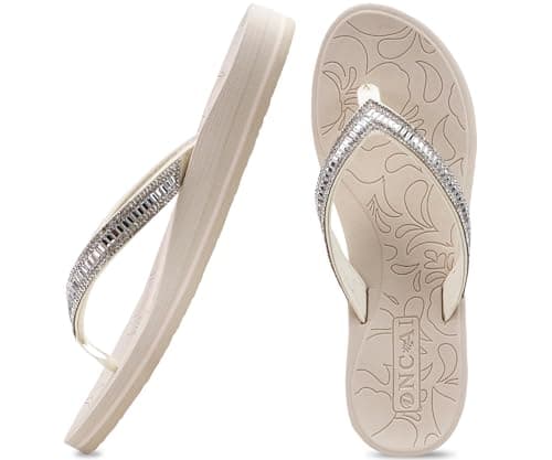 Image of ONCAI Women's Flip Flops with Rhinestone Yoga Mat Comfort Walking Casual Summer Beach Soft Toe Thong Sandals Woman Ivory White Size 5 UK