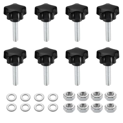 Image of sourcing map 8pcs Star Clamping Knobs with Nuts Washers, M6 x 25mm Metric Zinc Plated Carbon Steel Male Thread 25mm 5-Star Plastic Head, Threaded Stud Hand Knobs Handles Thumb Screws, Black