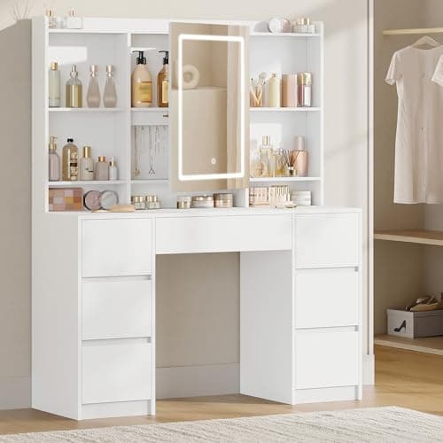 Image of Hzuaneri Dressing Table with Lights, Vanity Desk with Large Led Mirror, Adjustable Brightness, Makeup Desk Vanity Table with 7 Drawers, 4 Shelves for Bedroom, Storage Behind the Mirror, White DT43203X
