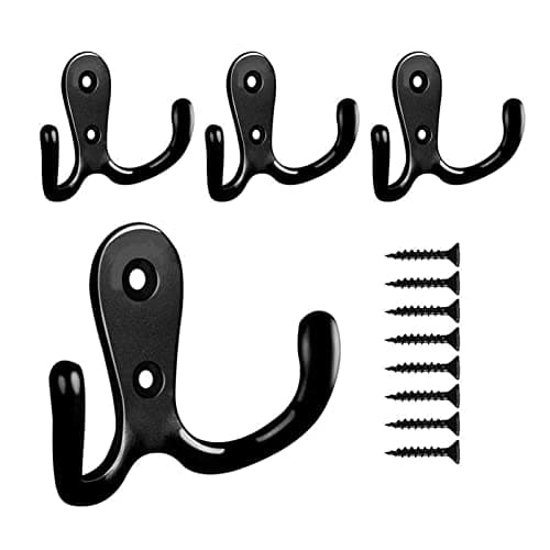 Image of Yesmin 4 Pcs Double Prong Robe Hooks, Dual Coat Hooks Wall Mounted Hanging Clothes for Bathroom Bedroom Door Wall Retro Metal Cloth Hanger Double Coat Hooks with 8 Screws (Black)