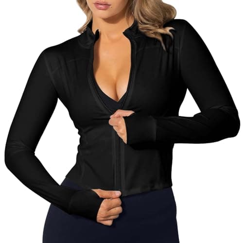 Image of TZLDN Gym Jackets Women Zip Up Sports Running Jacket Gym Top Long Sleeve Cropped BBL Jacket Gym Wear Fitness Black M