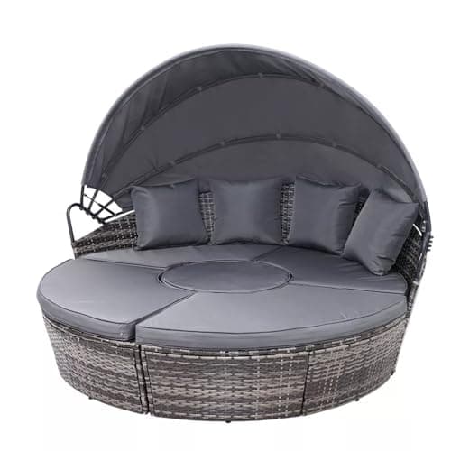 Image of EVRE Seychelles Modular 5 Piece Outdoor Rattan Sectional Day Bed Chair Set with Retractable Canopy and Cushions Round Conversational Wicker Coffee Table (Grey)