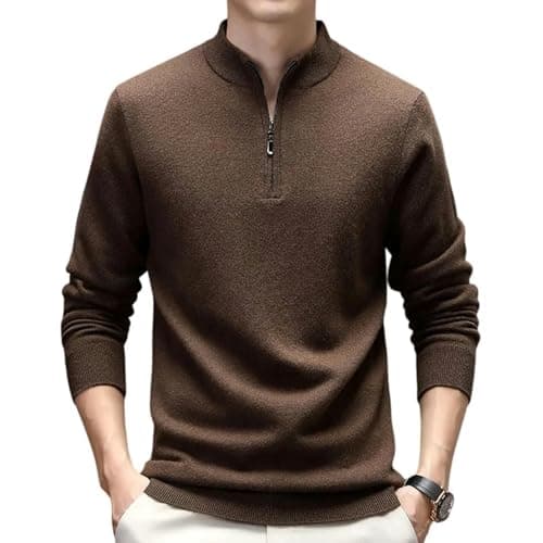 Image of JUWTEEI Men's Turtleneck Jumpers Men's 1 4 Zip Thickened Mock Neck Knitted Sweater For Middle-aged In Autumn & Winter-brown-xl