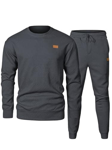 Image of Elegancity Men's Crew Neck Sweatshirt Tracksuit Mens 2 Piece Outfits Long Sleeve Textured Hoodie Jumper & Joggers with Pockets,Dark Grey XXL