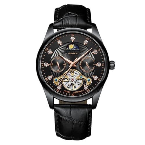 Image of RORIOS Men's Automatic Tourbillon Skeleton Watch - Waterproof Self Winding Moon Phase Watch with Luminous Hands - Leather Strap in Black Rose Gold