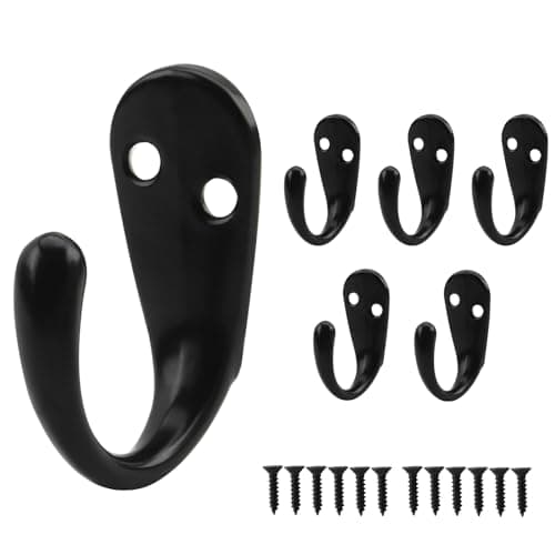 Image of QOPAHI Single Coat Hooks 6 Pack, Wall Mounted Black Door Hooks Metal Robe Hooks Heavy Duty Coat Hook with Screws Small Wall Hooks for Bathroom Bedroom Kitchen Garage Toilet Office Shop Hanging