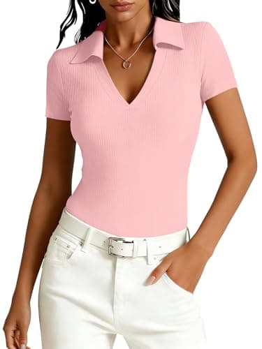 Image of Dressmine Blouses for Women Dressy Casual Pink Blouse Basic Tees Women's Short Sleeve Y2K Henley Tops Business Tight Fit Blouse Size 12
