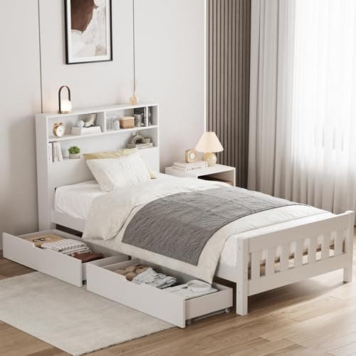 Image of Aptliton Wooden Solid Bed Frame with Drawers, Single White Storage Bed Furniture for Kids, Teenagers, Adults, Pine and MDF, 3ft, 190x90cm, White