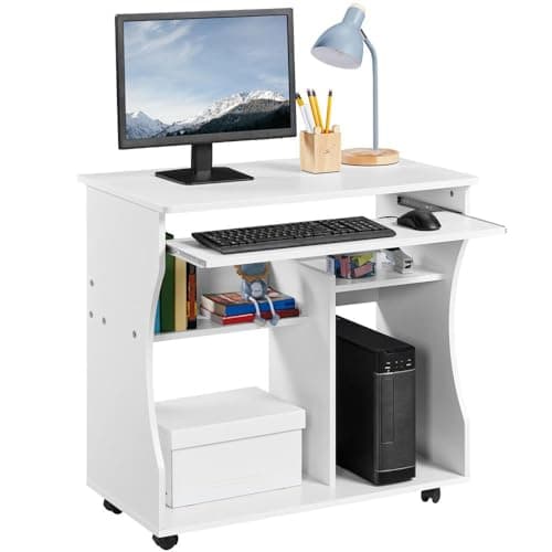 Image of Yaheetech Wood Rolling Small Computer Desk PC Laptop Table Standing Desk Home Office Workstation with Sliding Keyboard Tray and Storage Shelves on Wheels Movable for Small Space White Desk 80x48x76cm