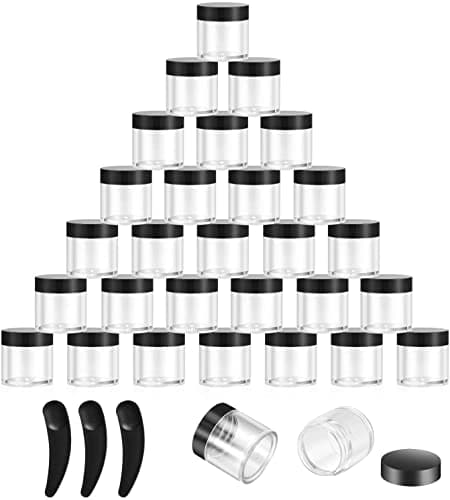 Image of 30PCS Sample Pots, Plastic Refillable Cosmetic Containers with lid, with 3 Mini Spatula Empty Cosmetic Pots, for Eye Shadow Lip Balm and Nail Powder (10ml/10g) (black)