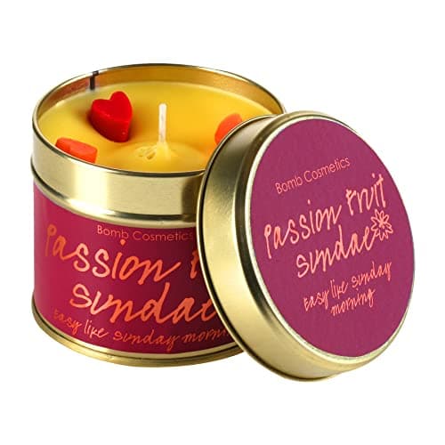 Image of Bomb Cosmetics Passionfruit Sundae Scented Tin Candle; Contains Pure Mandarin & Orange Essential Oils; Vegan Friendly; 30-35 Hour Burn, Purple, 7.7cm l x 7.7cm w x 6.7cm h