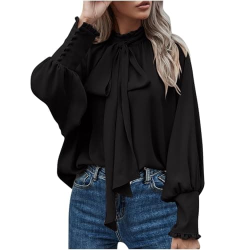 Image of Women Dressy Pullover Elegant Bow Tie Knot Mock Neck Top Ruffle Frill Lantern Sleeve Chiffon Shirts Ladies Office Work Longline Blouse Casual Loose-Fit Cuff Long Sleeve Tops Black