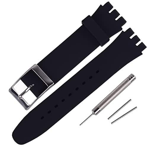 Image of Rihahisy Silicone Rubber Watch Strap/Watch Band Replacement with Stainless steel silver buckle for Swatch (17mm, Black)