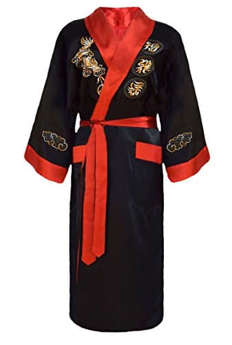 Image of Men's Reversible Embroidered Japanese Kimono Robe Sleepwear Dressing Gown - Black and Red - Size: M