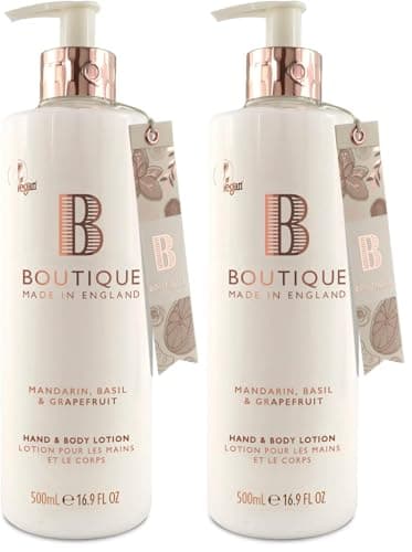 Image of Boutique Mandarin, Basil & Grapefruit Fragrance Hand & Body Lotion 500ml – Vegan Body Moisturiser with Essential Oils, Made in England – Lightly Scented Refreshing Hand & Body Care (Pack of 2)
