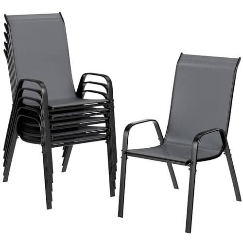 Image of LIFERUN Stackable Garden Chairs with High Back, Set of 6 Dark Grey, Armrests & Textilene Fabric, 150kg Capacity, Outdoor Dining Chairs for Patio, Backyard, Balcony, Restaurant