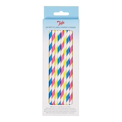 Image of Tala Pastel Paper Straws - Recyclable Colourful Striped Drinking Straws, Non-Soggy & Food Safe Disposable Straws - Suitable for All Occasions - 24 Pack, 20cm x 0.5cm, Neon