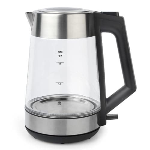 Image of Salter Colour Changing Glass Kettle – 1.7L Rapid Boil Transparent Kettle with Capacity Markings, LED Lights from Blue to Red, BPA-Free, Limescale Filter, Flip-Top Lid, 360º Swivel Base, 2200W