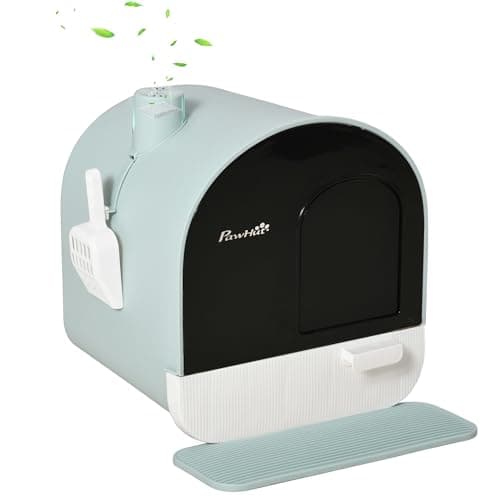 Image of PawHut Hooded Cat Litter Tray with Slide-Out Drawer, Enclosed Cat Litter Box with Anti-Tracking Mat, Scoop, Filter for Odor Control, Flap Door, Easy Cleaning, 43 x 44 x 47cm, Green