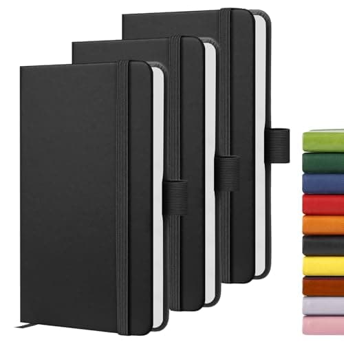 Image of 3 Pack A6 Notebook, Pocket Notebooks 160 Lined Pages Small Leather Journal Notebook Pocket Size for Women Men Work Office School, Hardback A6 Small Notepad with Pen Holder, 9.5 x 14.5cm-Black
