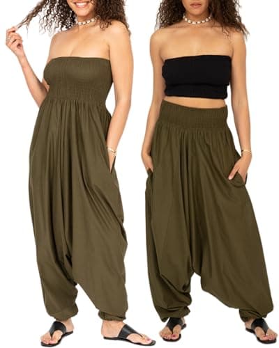 Image of likemary Jumpsuits for Women UK Converts into Harem Pants with Pockets - 2-in-1 Cotton Strapless Romper & Comfy Elasticated Waist Trousers - Olive Khaki Green Jumpsuit