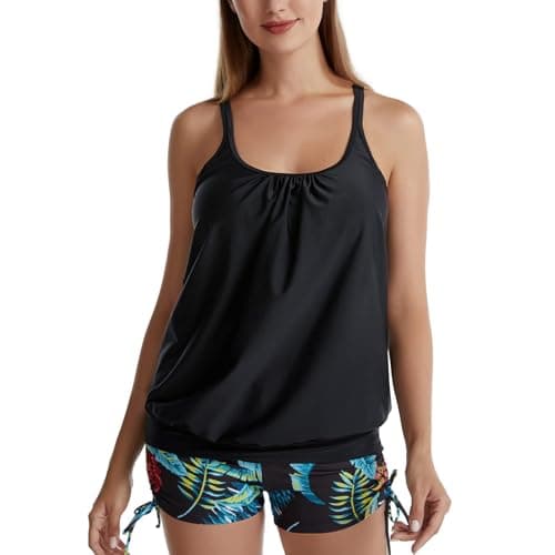 Image of IHCEMIH Tankini Sets for Women UK, Two Piece Women's Tankinis Swimwear Loose Fit Tummy Control Blouson Tank Top with Drawstring Swim Shorts, Modest Bathing Suit for Beach Pool Holiday Spa Black XXL