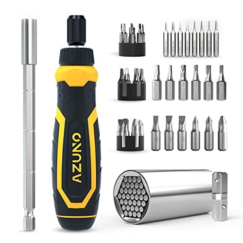 Image of AZUNO 24 in 1 Ratcheting Multi Screwdriver Set with Universal Socket, 20 CRV Bits Stored in Handle, 12+8 Slotted/Torx/Hex/Square Sand Blasted Bits and Chrome Plated Precision bits.